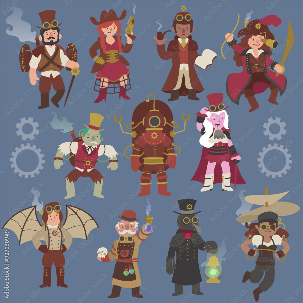 Colorful cartoon vector illustration of steampunk characters. Victorian ...