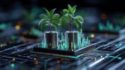 from a futuristic technology platform, two digital plants emerge, symbolizing sustainable growth, gr