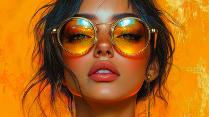 Modern Pop Art Portrait of Stylish Woman in Golden Sunglasses on Bright Orange Background with Retro Fashion Vibes