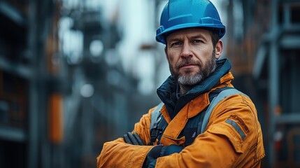 A confident construction worker in a blue hard hat, wearing safety gear and standing with arms crossed, embodying modern industry