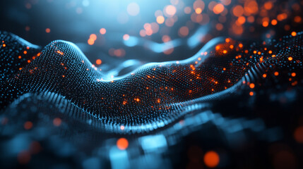 Aufkleber - Abstract digital landscape with glowing particles and waves in blue and orange hues