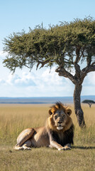 lion in the savanna african wildlife landscape.