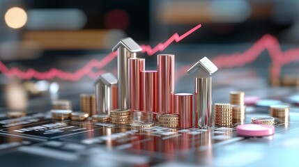 A financial growth concept represented by a 3D bar graph with upward arrows and stacked coins, set against a backdrop of financial data and rising trends.