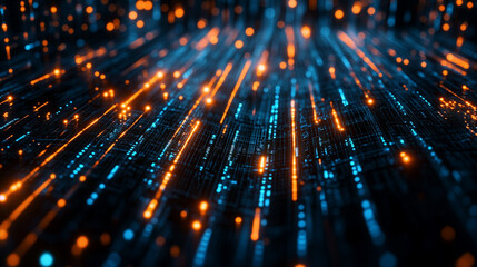 Poster - Abstract pattern of glowing blue and orange light streaks on a dark background representing digital flow
