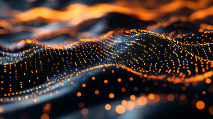 Poster - Dynamic abstract wave patterns with glowing orange dots and a dark background