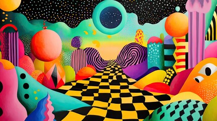 Sticker - An artistic surreal landscape featuring geometric patterns, vibrant hues, and abstract shapes, blending reality and fantasy in a colorful world