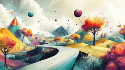 Sticker - Bright and abstract surreal landscape with geometric forms, vibrant colors, and a mix of natural and fantastical elements.