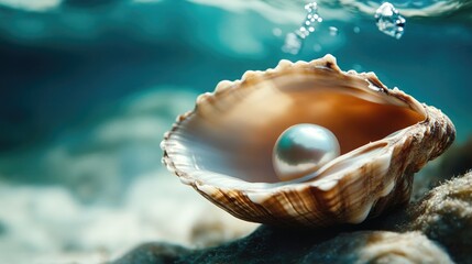 Close-up of a pearl nestled inside an open shell, underwater, showcasing the beauty and rarity of ocean treasures