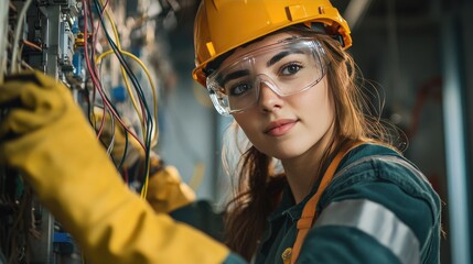 Poster - Close-up of a young woman electrician with safety gear, confidently working on electrical systems, highlighting women in skilled trades