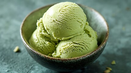 Canvas Print - Closeup of three scoops of green tea ice cream in a rustic bowl.