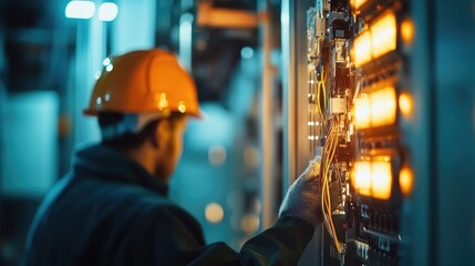 Poster - Close-up of an electrician with a blurred electrical system behind, capturing the skill and precision required in electrical maintenance