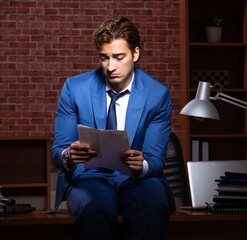 Wall Mural - Young businessman working in the office at night