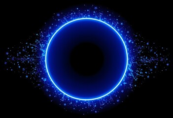 Glowing neon blue circle surrounded by small, twinkling stars, isolated on a rich black background