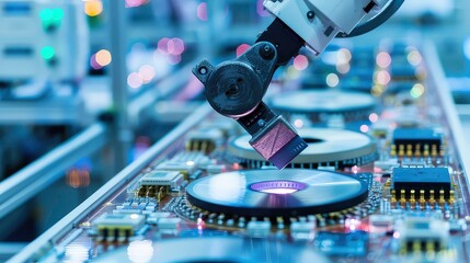 Poster - A robotic arm hovers over a circuit board with a glowing center in a factory setting.