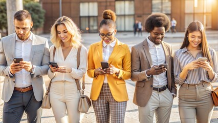 Poster - pupils stand in the schoolyard and look at phones