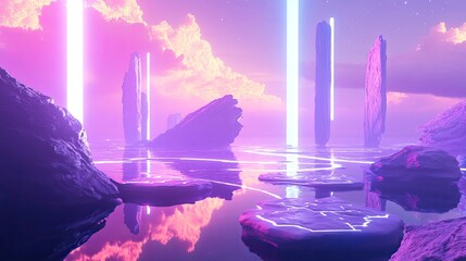 Wall Mural - Surreal, hyperdimensional landscape with minimalist design, featuring glowing pathways and floating islands in a clean, serene environment.