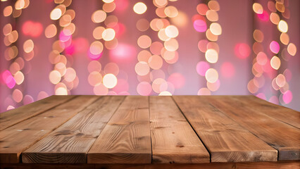 Poster - Wooden table blurred bokeh background background. Neon light, night view, close-up. The general background of the interior, a dark modern colorful background