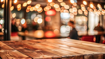 Poster - Wooden table blurred bokeh background background. Neon light, night view, close-up. The general background of the interior, a dark modern colorful background