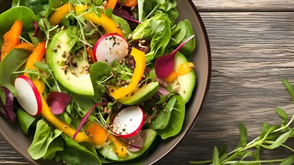 Fresh green salad with crisp vegetables, ripe tomato, and creamy avocado, perfect healthy meal