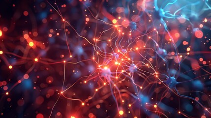 Aufkleber - Vibrant 3D rendering of neural network connections with bright glowing effects