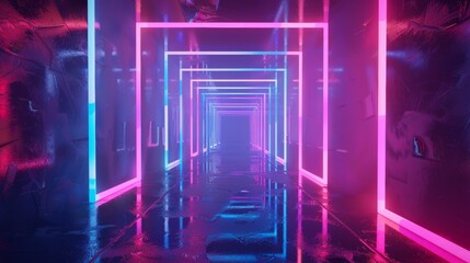Aufkleber - Rotating square frames in a neon tunnel, looped 3D animation, colorful abstract background
