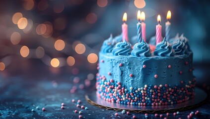 a blue cake with pink and blue frosting and four candles on top