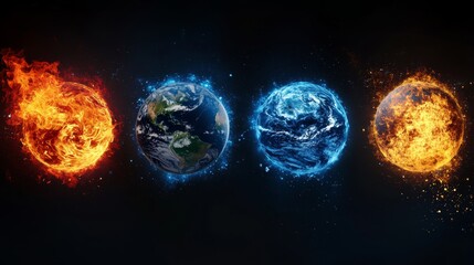 Poster - Planet Earth with elemental symbols fire, water, air, and earth