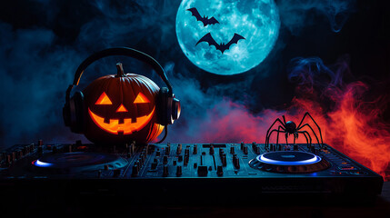 2024 Halloween party background banner. Halloween pumpkin, spider and bat on a dj table with headphones on dark moon foggy background. Copy paste area for text and brand.