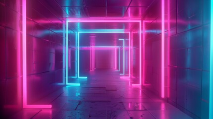 Aufkleber - Neon tunnel with rotating square frames, bright colors, looped 3D animation, abstract background
