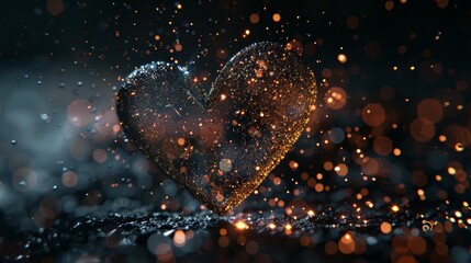 Poster - Illuminated heart shape with sparkly particles on black background,
