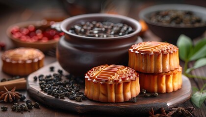 Canvas Print - A pot of black tea and festive moon cakes