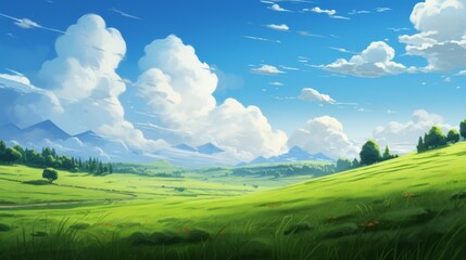 Poster - Bright green pasture with fluffy clouds and warm sunlight