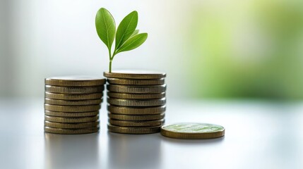 Poster - An increasing stack of coins with a small sprout growing from the top coin, showcasing financial advancement, with a clean white background