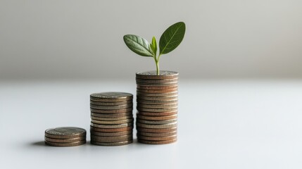 Poster - An increasing stack of coins with a small sprout growing from the top coin, showcasing financial advancement, with a clean white background