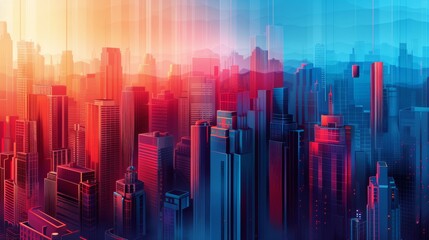 Poster - An imaginative city skyline with buildings featuring bold gradient colors from red to blue