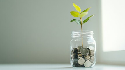 Poster - A transparent jar filled with coins and a growing plant emerging from it, emphasizing savings and growth