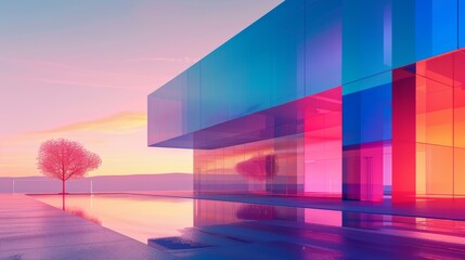 Poster - futuristic building with a vibrant color gradient facade that transitions from deep blue to bright pink