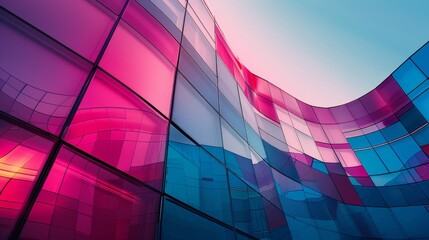 Poster - futuristic building with a vibrant color gradient facade that transitions from deep blue to bright pink