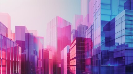 Poster - digital rendering of futuristic buildings with gradient facades in shades of pink, purple, and blue