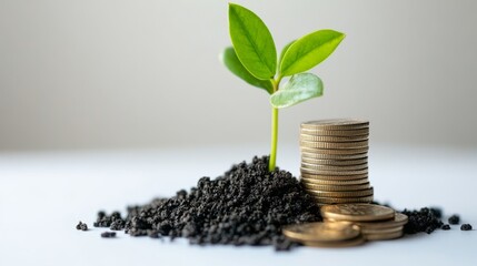 Poster - A close-up of a growing plant with a small stack of coins beside it, representing the growth of savings