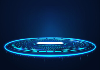 Poster - Empty bright blue circular portal scene in futuristic style. Glowing energetic light round hologram.
