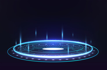 Poster - Empty bright blue circular portal scene in futuristic style. Glowing energetic light round hologram.