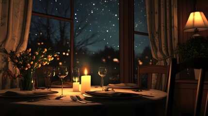 2. A cozy, candlelit dinner setting with a beautifully set table, soft lighting, and a view of a starlit sky through a window