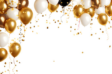 Poster - Celebration banner frame with gold confetti and balloons Isolated on white background