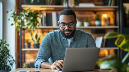 A professional using video conferencing software on a laptop in a home office