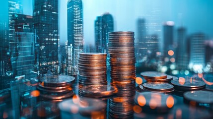 Poster - Double exposure of skyscrapers and coin stacks, illustrating the connection between financial management and urban development.