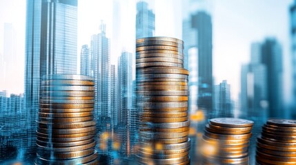 Poster - Double exposure of skyscrapers and coin stacks, illustrating the connection between financial management and urban development.