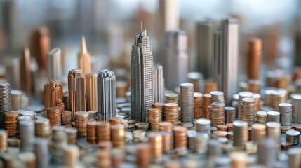 Poster - Combined view of city buildings and rows of coins, depicting the financial underpinnings of urban development.
