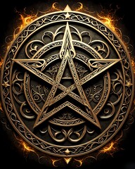 Wall Mural - Five-Pointed Occult Star Gold Fiery Pentacle. Generative AI