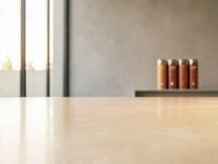 Poster - Minimalist Office Bokeh Empty Beige Marble Table in Modern Financial Setting, Soft Glow Lighting, Sophisticated Cozy Mood